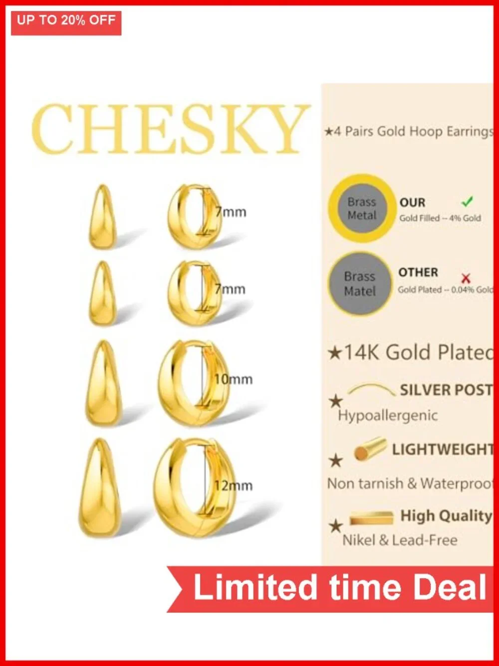 14K Gold Plated 4 Pair Huggie Hoop Earrings Set